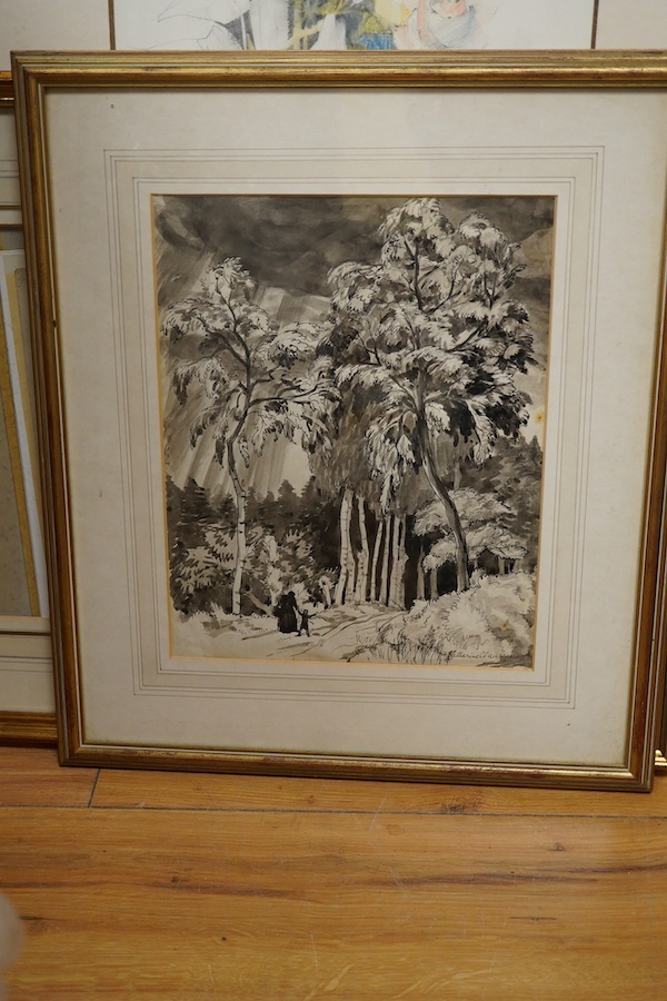 A collection of watercolours and a pastel, to include; Katherine Clausen, Figures on a wooded pathway, a monochrome watercolour of Birds and a pair of watercolours, Studies of dogs. Condition - varies